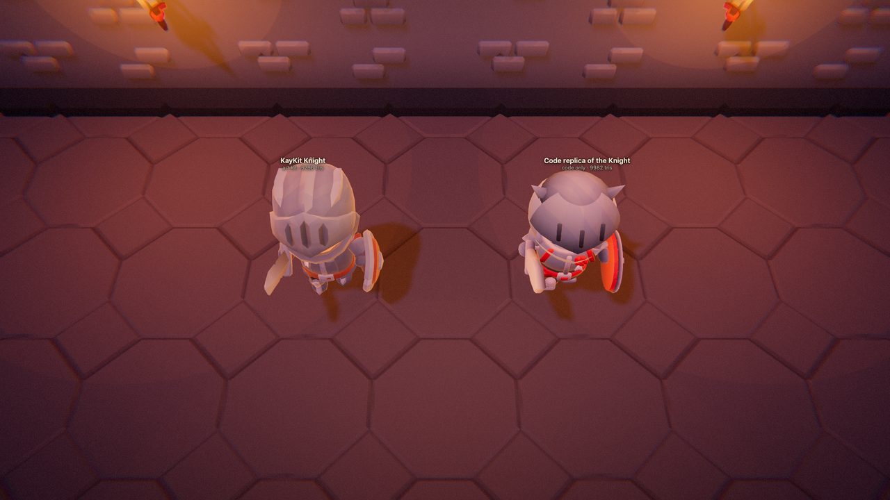 The KayKit Knight and the code replica seen from high above at the game's camera angle: two small grey armoured figures with red shields that look nearly alike