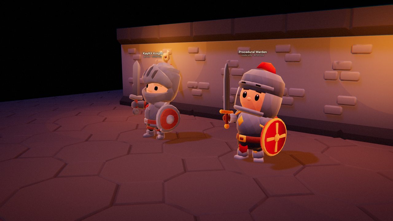 The KayKit Knight and the code-built Warden side by side, both raising their swords in the same frame of the same attack animation