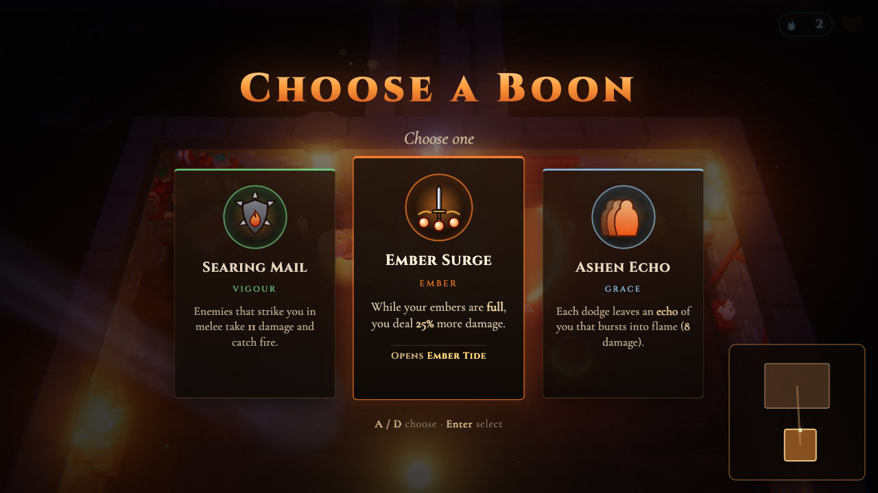 Three boon cards for the Pyromancer: Searing Mail (Vigour), Ember Surge (Ember, 25% more damage while embers are full, with a hint that it opens Ember Tide) and Ashen Echo (Grace)