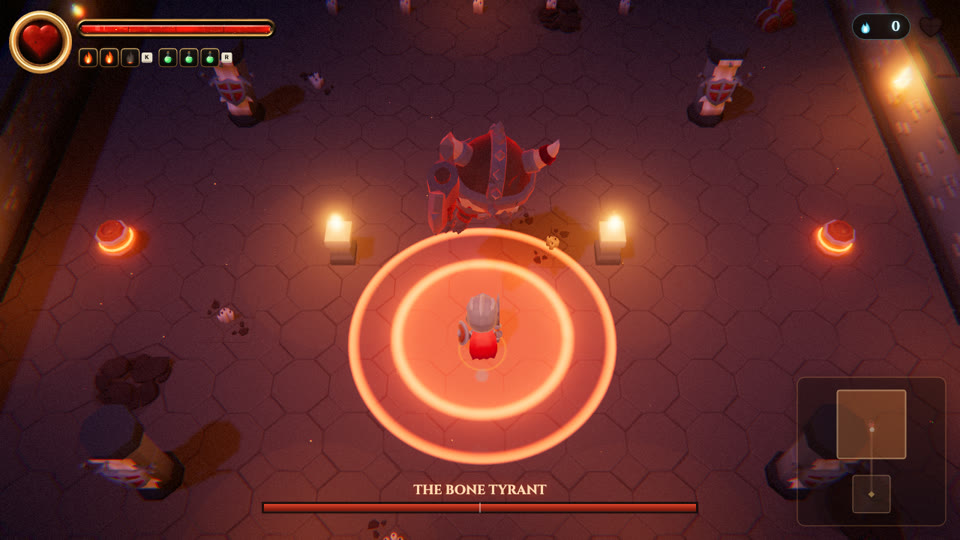 The Bone Tyrant winds up a slam; a red-orange ring telegraph on the floor marks where it will land around the knight