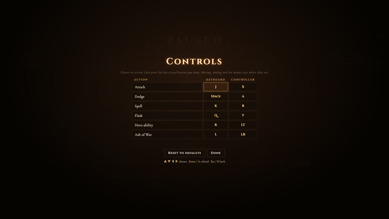 The Controls panel: a table of actions (Attack, Dodge, Spell, Flask, Hero ability, Ash of War) with keyboard keys J, Space, K, Q, R, L and controller buttons X, A, B, Y, LT, LB, plus Reset to defaults and Done