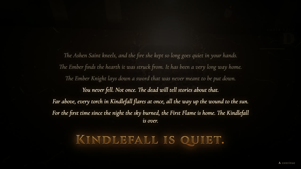 The epilogue screen: lines of italic text ending in 'Kindlefall is quiet.' over a darkened hearth