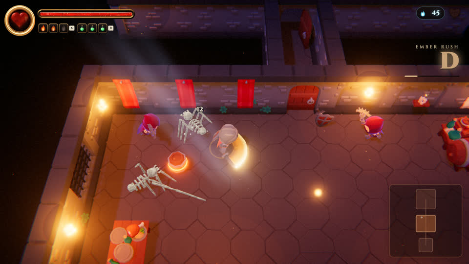 The knight fighting skeletons in a torchlit crypt on Floor I