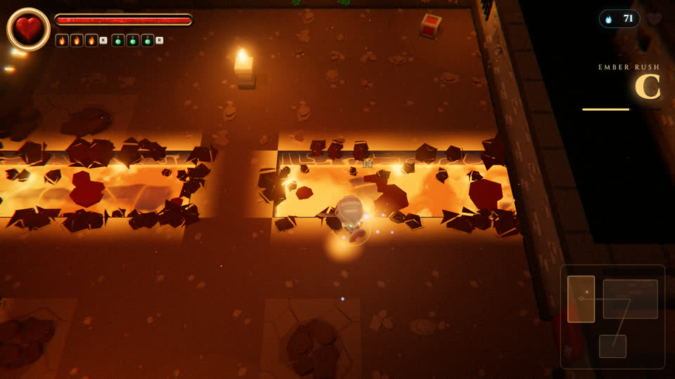 The knight crossing the Sunken Forge between glowing lava channels