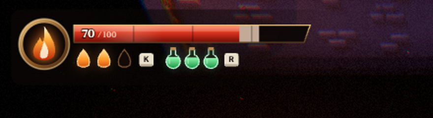 The original HUD: a small flame medallion, a segmented red health bar reading 70 of 100, flame-drop charges and three green flask icons