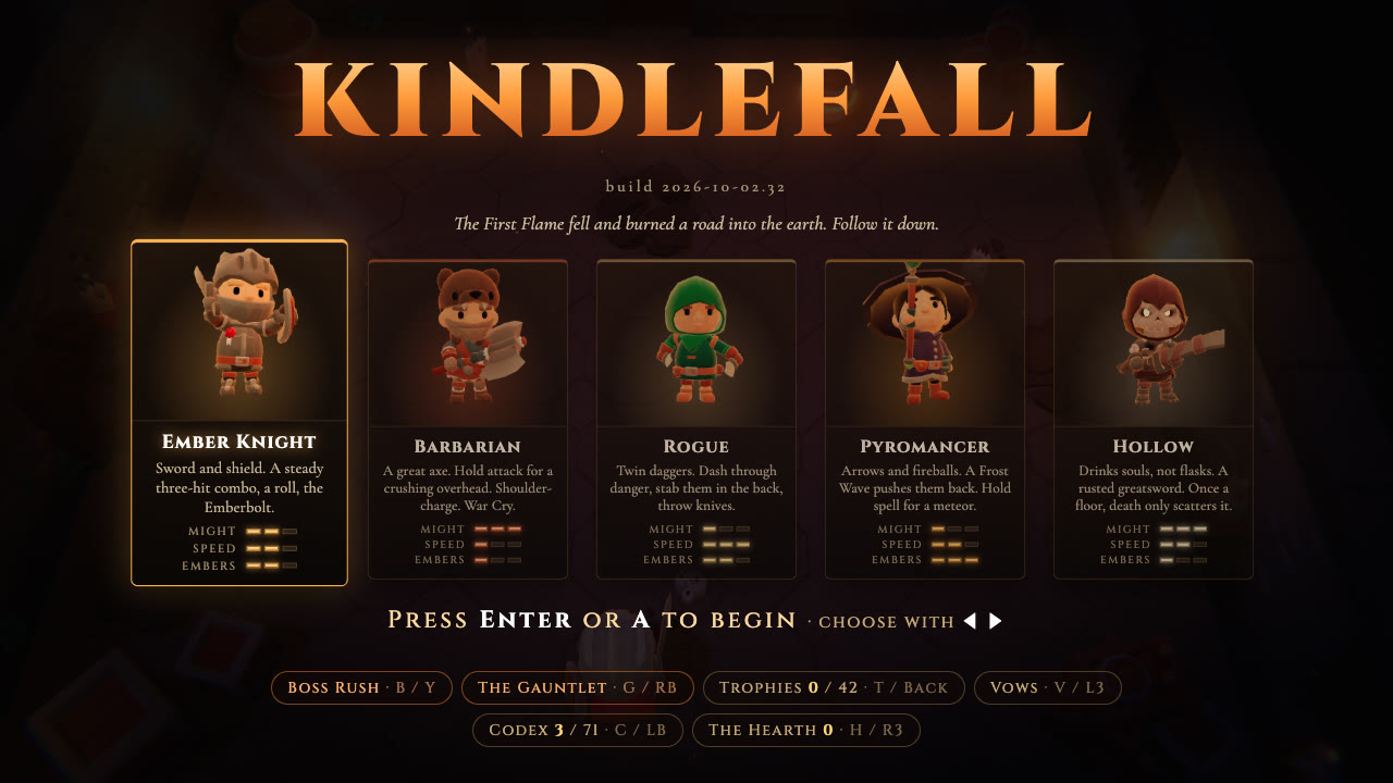 The Kindlefall title screen: the new KINDLEFALL logo above the five hero cards and the row of modes