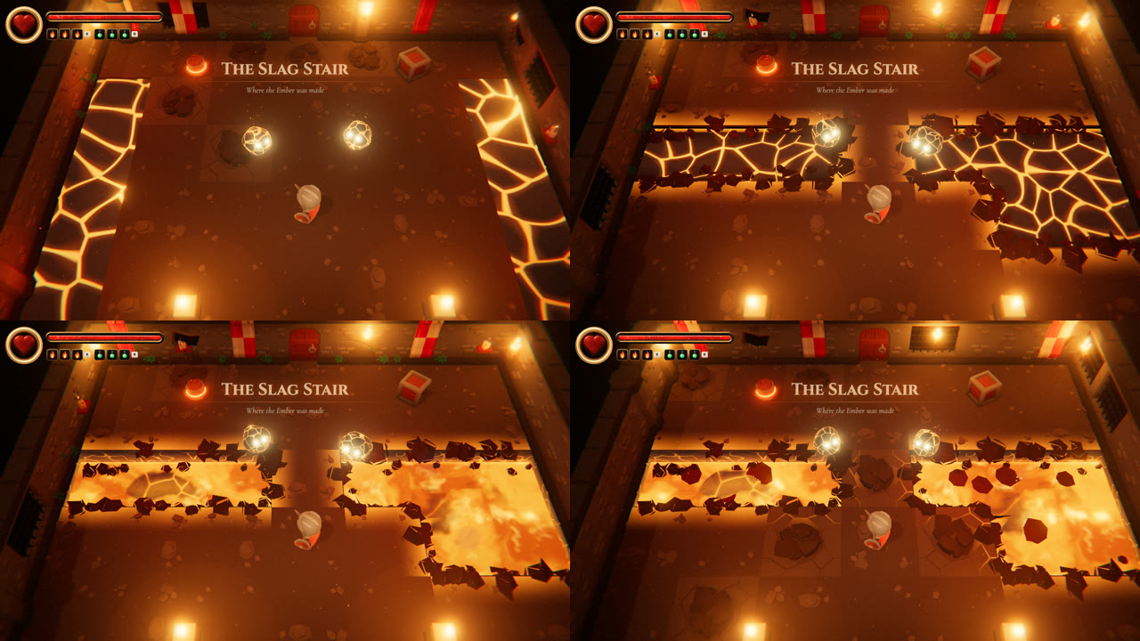 Four versions of the Sunken Forge's lava side by side, from flat glowing cracks to a sunken flowing channel