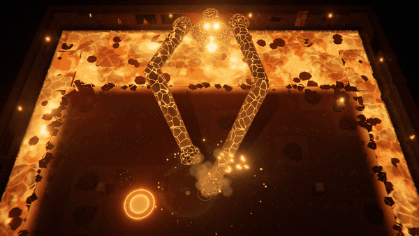 The Forge Heart, a molten colossus in a lava pool, slams one giant jointed fist and then the other into the arena, each with a shockwave ring and a burst of light