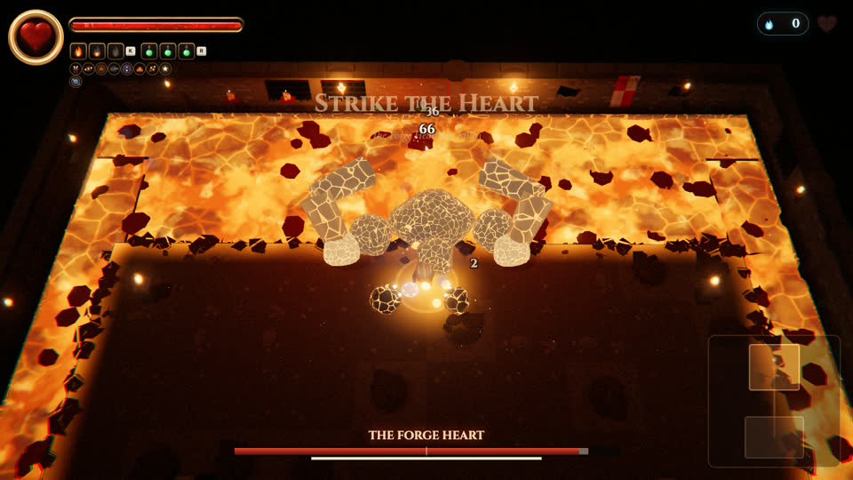 The Forge Heart fallen forward onto the arena edge, its molten heart bare