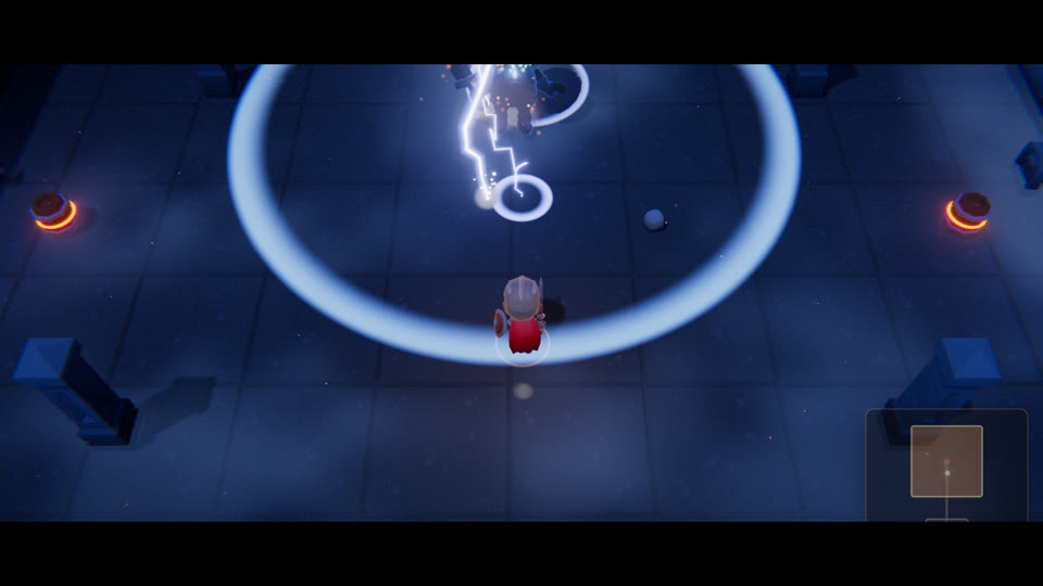 With the glare guard: the same moment after the Hollow King dies, a thin pale ring and a few sparks over a dark, readable room with the hero visible