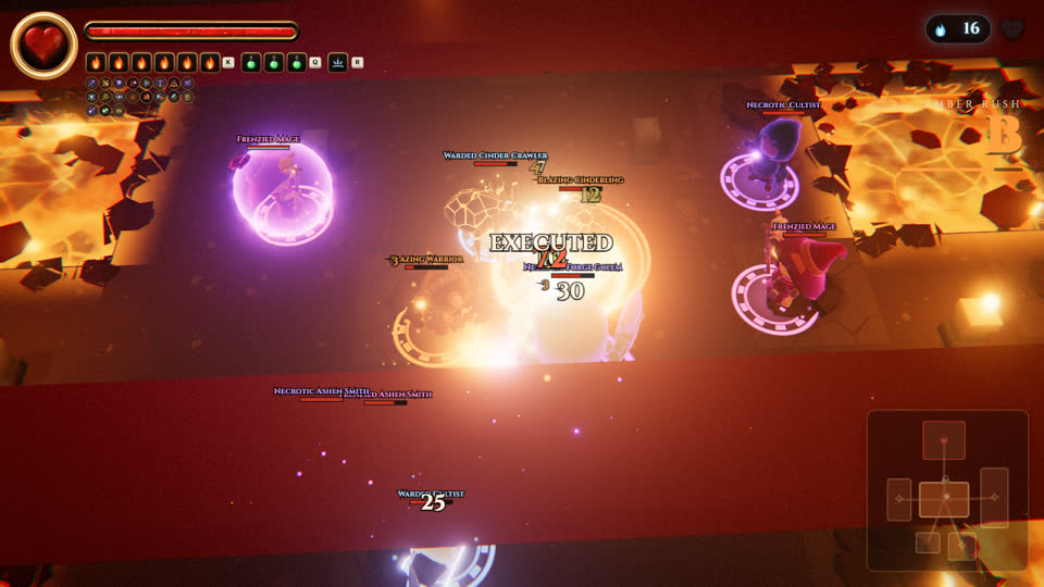 A dense fight on Floor IV: a dozen elite enemies with ward bubbles, fireballs and spells around the Pyromancer