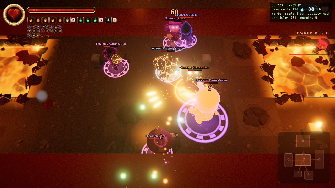 The same fight with the in-game F3 performance overlay in the corner: 59 fps, 17.09 ms between frames, 110 draw calls, render scale 1.00, quality High, 731 particles, 9 enemies