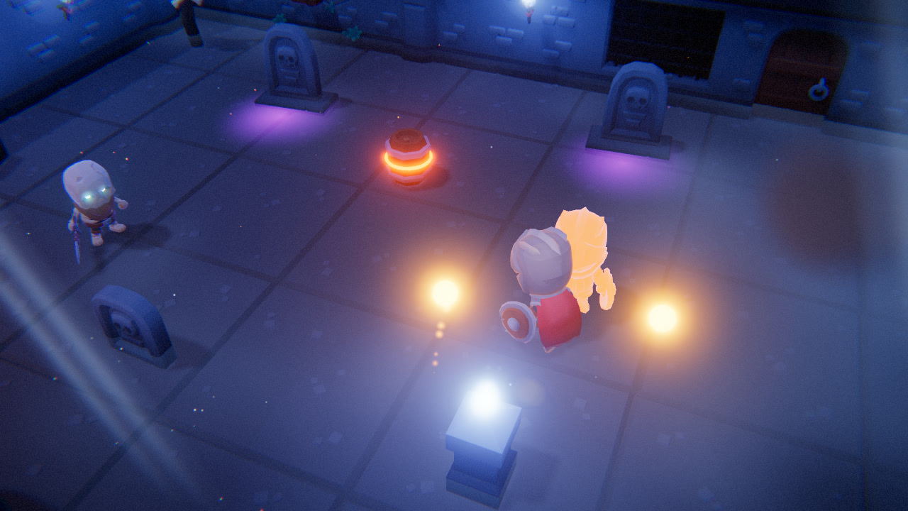 Photo Mode shot of the Hollow Barrows: the knight among blue-lit gravestones glowing violet, with warm lanterns and fog
