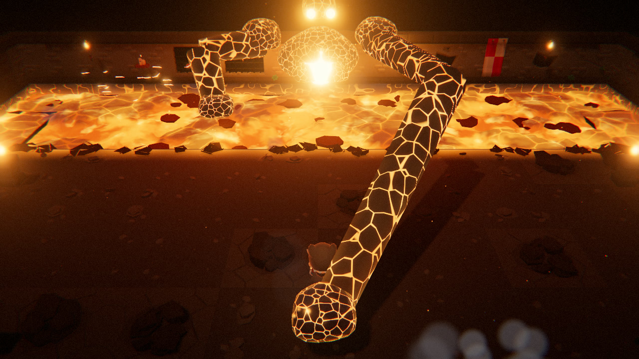 Photo Mode shot of the Forge Heart's arms reaching out of a glowing lava pool