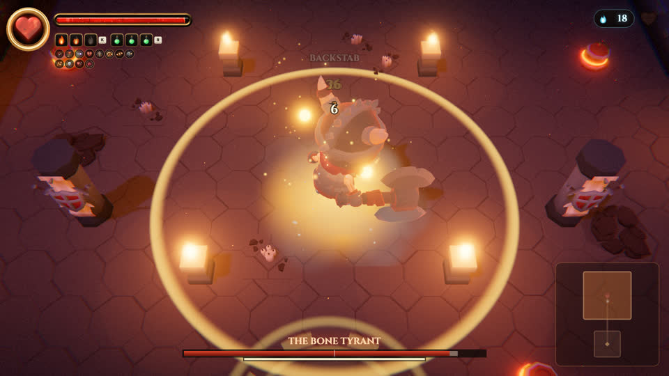 The knight lands a riposte on the Bone Tyrant in a ring of warm light